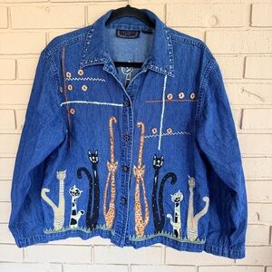 Life Style Button Up Blue Denim Shirt Jacket Whimsical Cat Lady Art To Wear M P